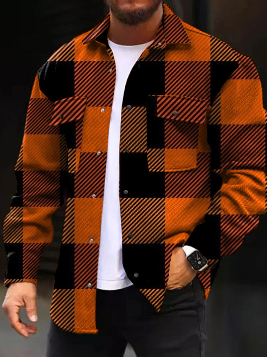 Men's Casual Jacket Fashion Art Plaid Printed Long Sleeve Pocket Jacket
