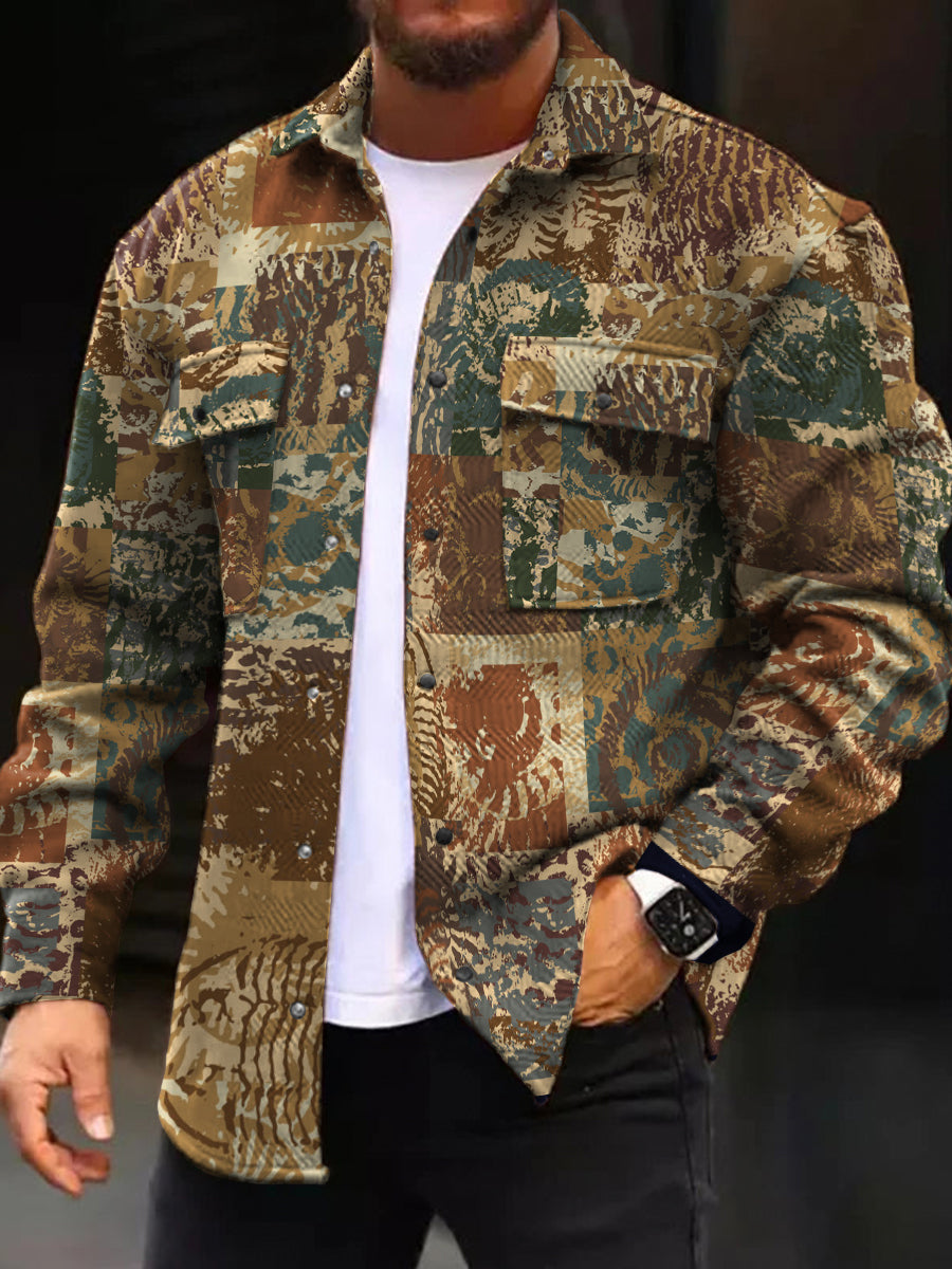 Men's Casual Jacket Abstract Sea Print Long Sleeve Pockets Corduroy Jacket