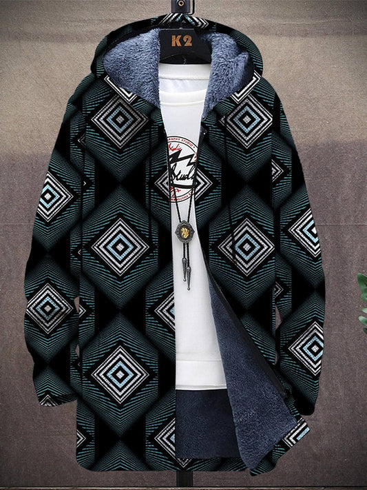 Men's Vintage Geometric Pattern Hooded Two-Pocket Fleece Jacket