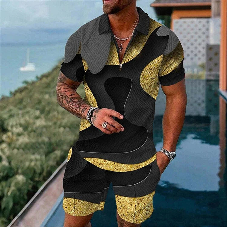 Golden Glitter Pattern Print Short Sleeve Polo Shirt And Shorts Co-Ord - DUVAL