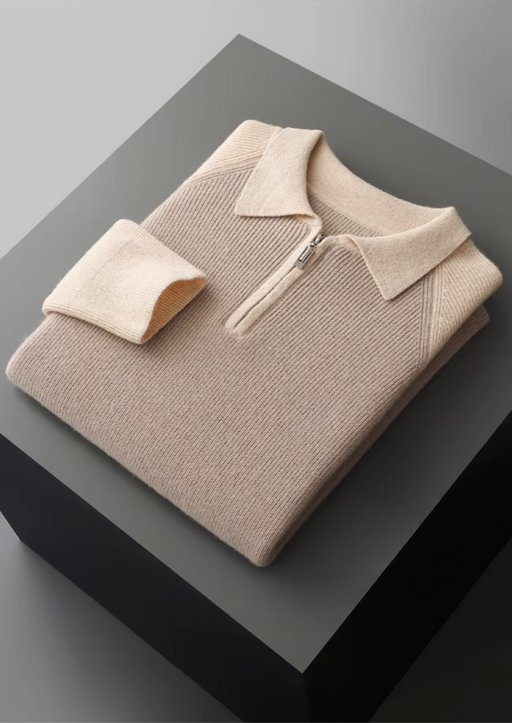 Pure Extra-Fine Merino Wool Two Tone Zipper Sweater Polo