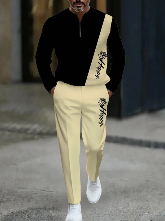 Neck Zipper Long Sleeved Trousers Two-Piece Set