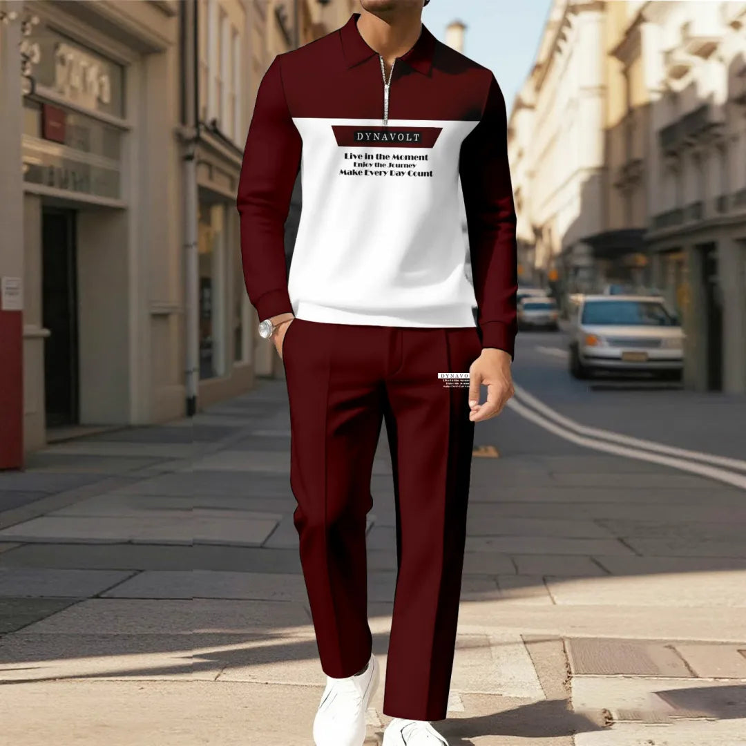 Zipper Long Sleeve Polo Long Pants Two-Piece Set