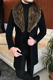 Ombre Fur Collar Solid Color Breasted Mid Length Coat - DUVAL