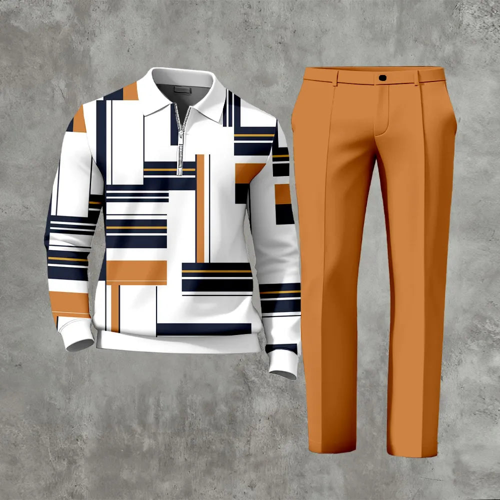 Polo-Collar Zipper Long Sleeved Trousers Two-Piece Set - DUVAL