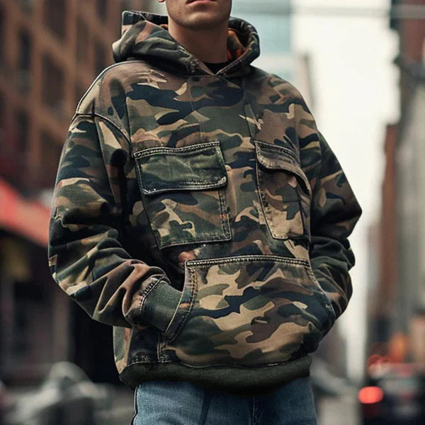 Vintage Camouflage Printed Flap Pocket Long-Sleeved Hoodie