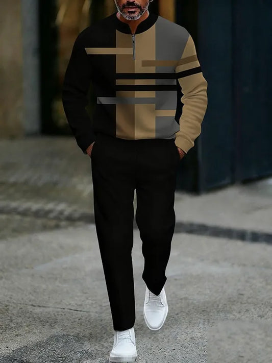 Neck Zipper Long Sleeved Trousers Two-Piece Set