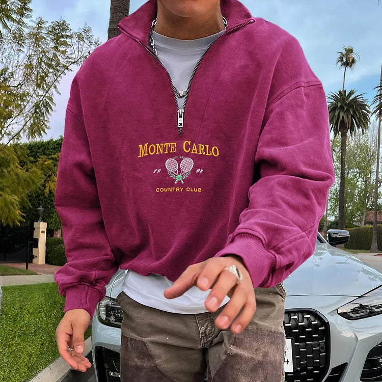 SUDADERA VINTAGE UNISEX MONTE CARLO COUNTRY CLUB CON CUELLO POLO SUDADERA CON CREMALLERA Y CUELLO MEDIO ABIERTO 