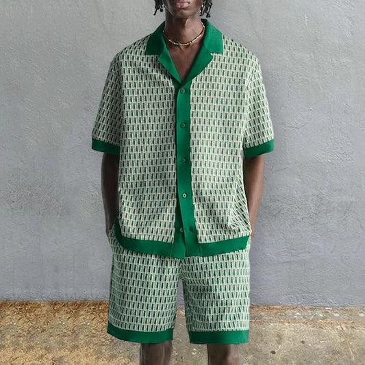 Green Square Vacation Breasted Shirt And Shorts Co-Ord