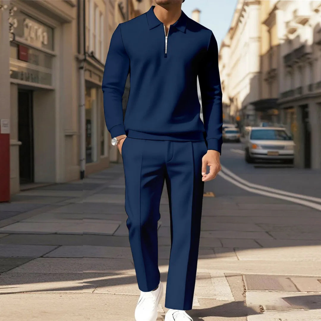 Zipper Long Sleeve Polo Long Pants Two-Piece Set