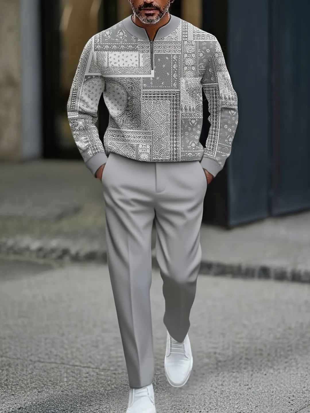 Neck Zipper Long Sleeved Trousers Two-Piece Set