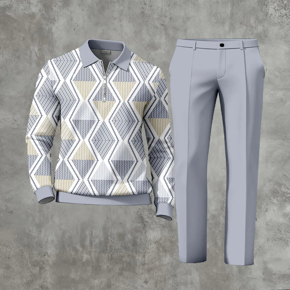 Polo-Collar Zipper Long Sleeved Trousers Two-Piece Set - DUVAL