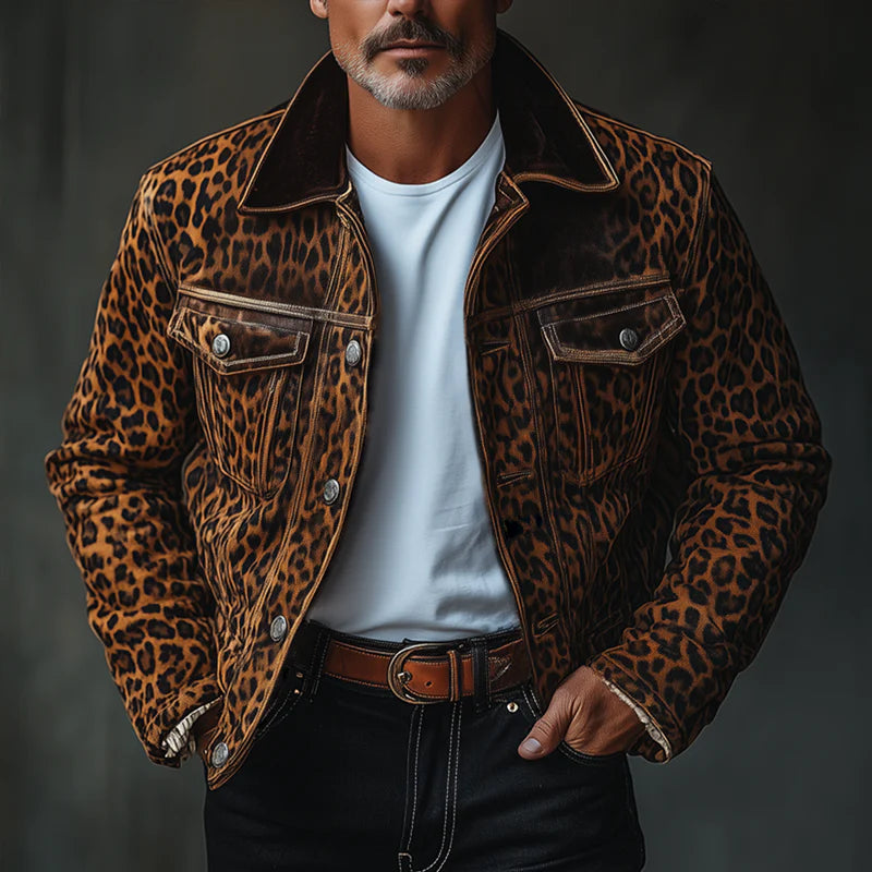 Men's Fashion Leopard Suede Lapel Chest Pocket Single Breasted Cargo Jacket