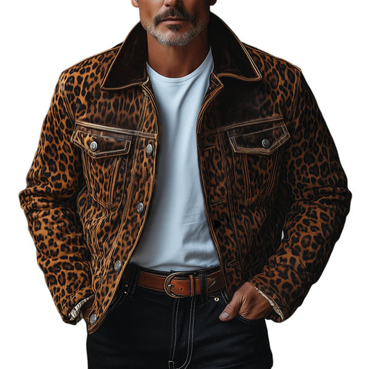 Men's Fashion Leopard Suede Lapel Chest Pocket Single Breasted Cargo Jacket