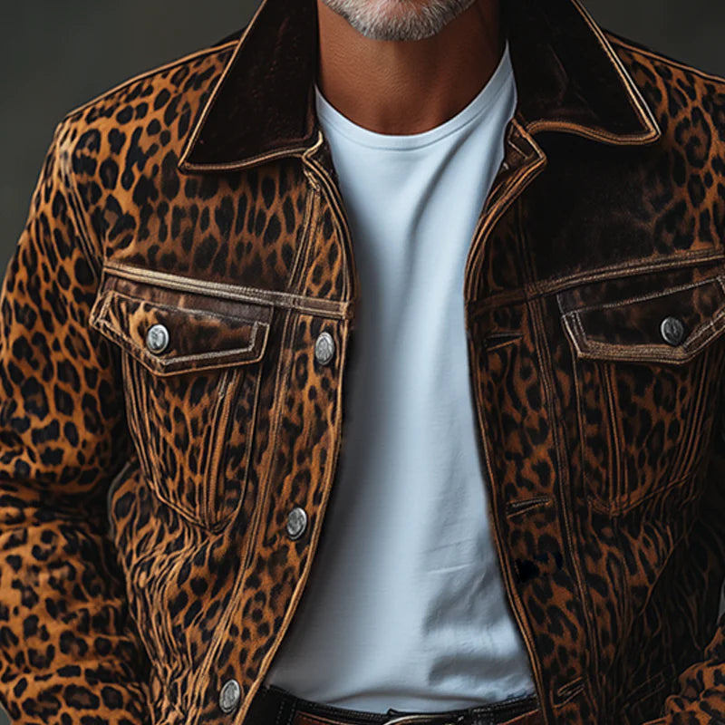 Men's Fashion Leopard Suede Lapel Chest Pocket Single Breasted Cargo Jacket