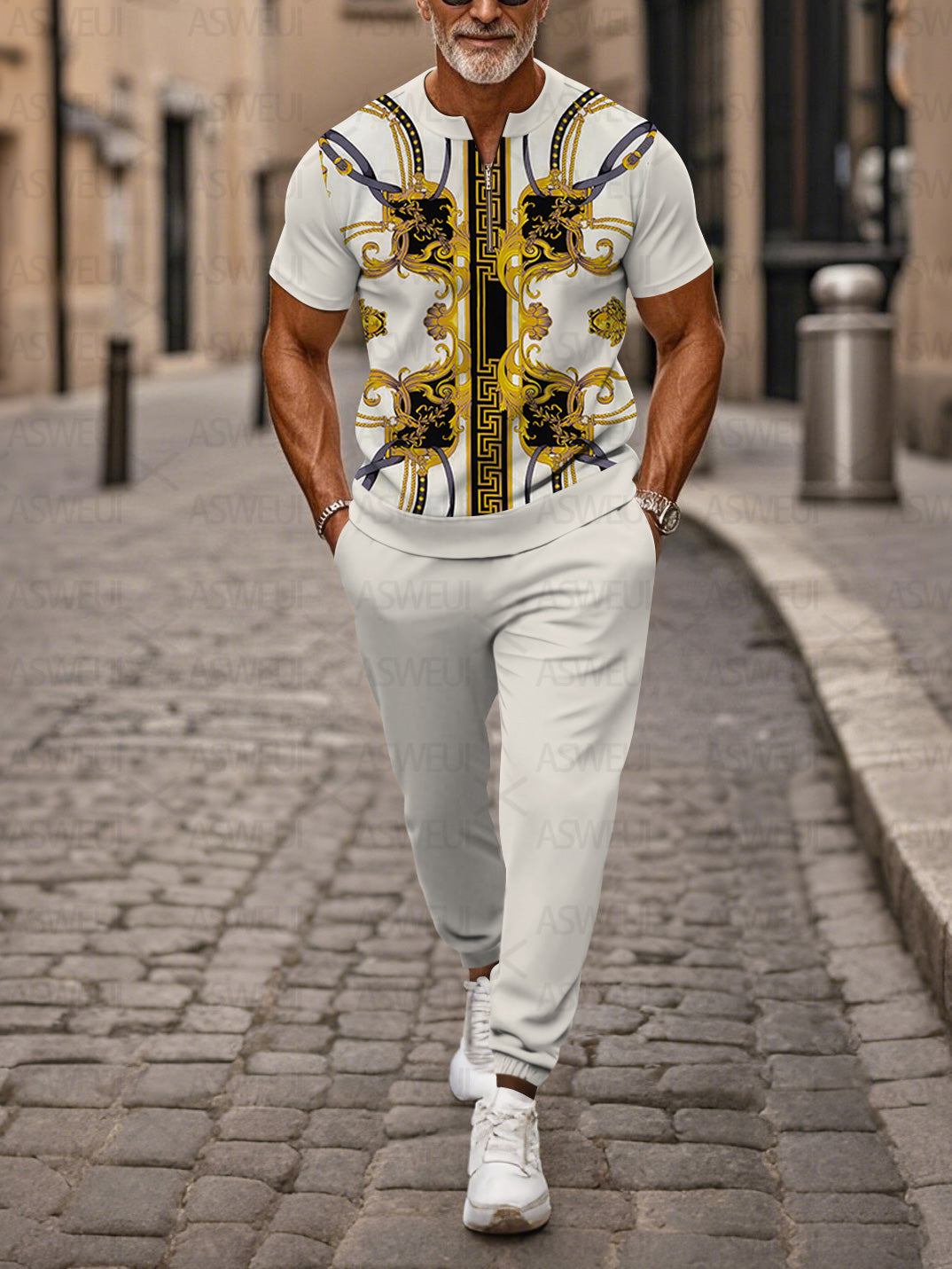 Zipper Short Sleeve Long Pants Two-Piece Set - DUVAL