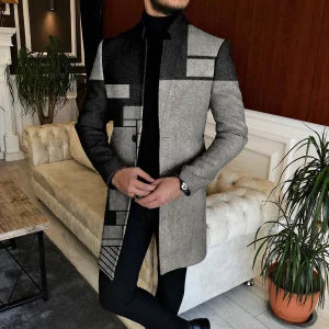 Abstract Geometric Stand Up Collar Mid Length Coat - DUVAL
