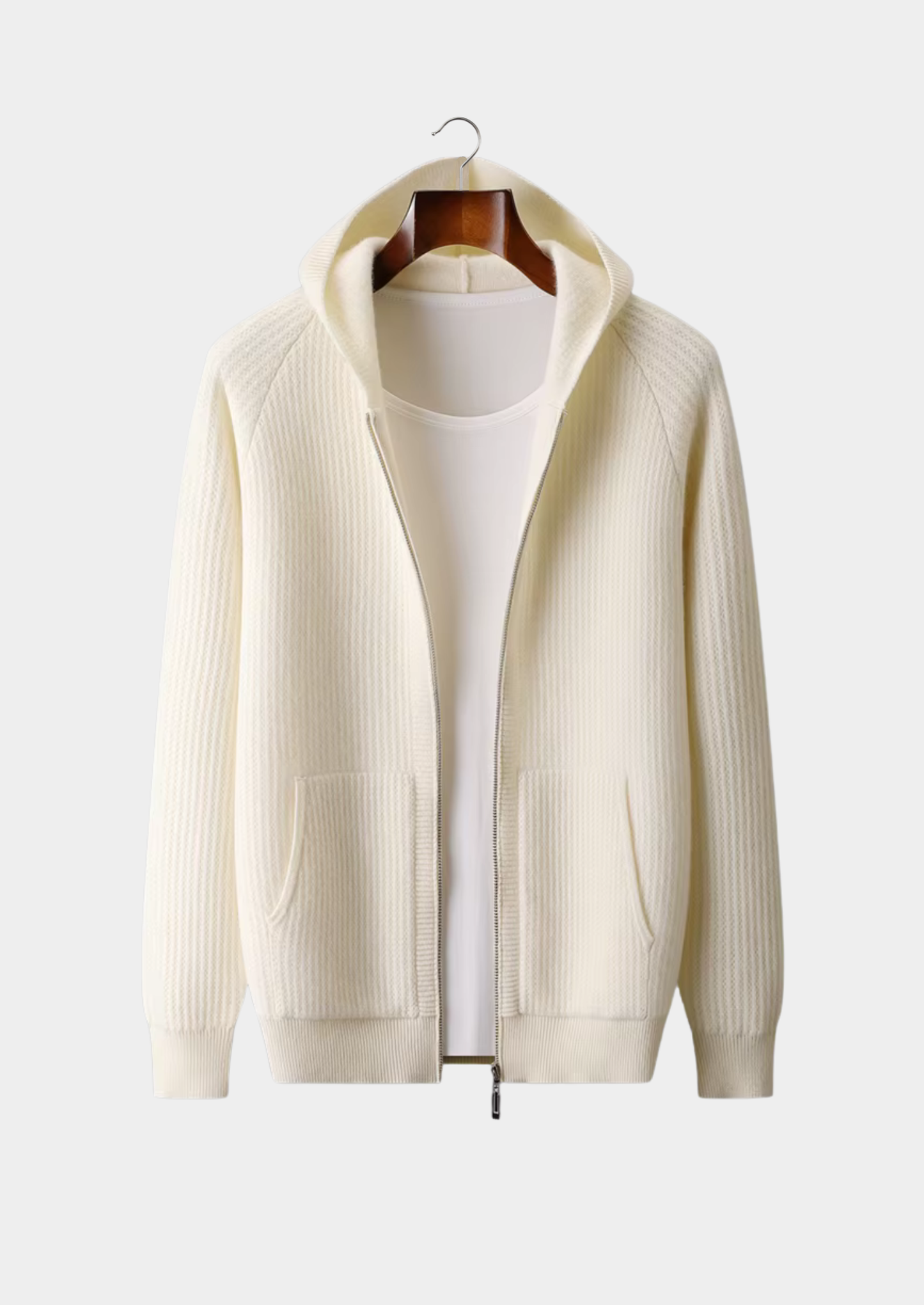 Pure Extra-Fine Merino Wool Ribbed Zipper Hoodie