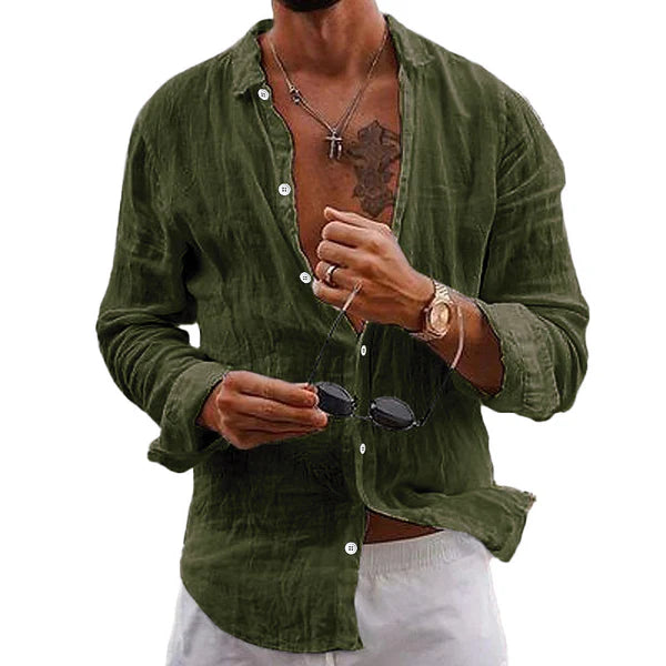 Casual Solid Color Lapel Cotton Linen Long-Sleeved Shirt