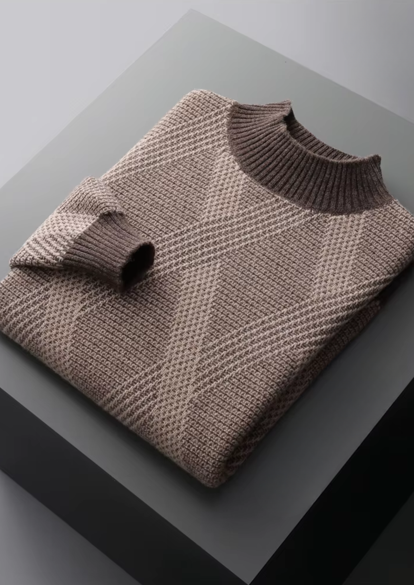 Pure Extra-Fine Merino Wool Two Tone Patterned Mockneck