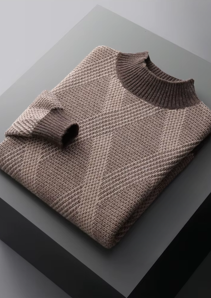 Pure Extra-Fine Merino Wool Two Tone Patterned Mockneck