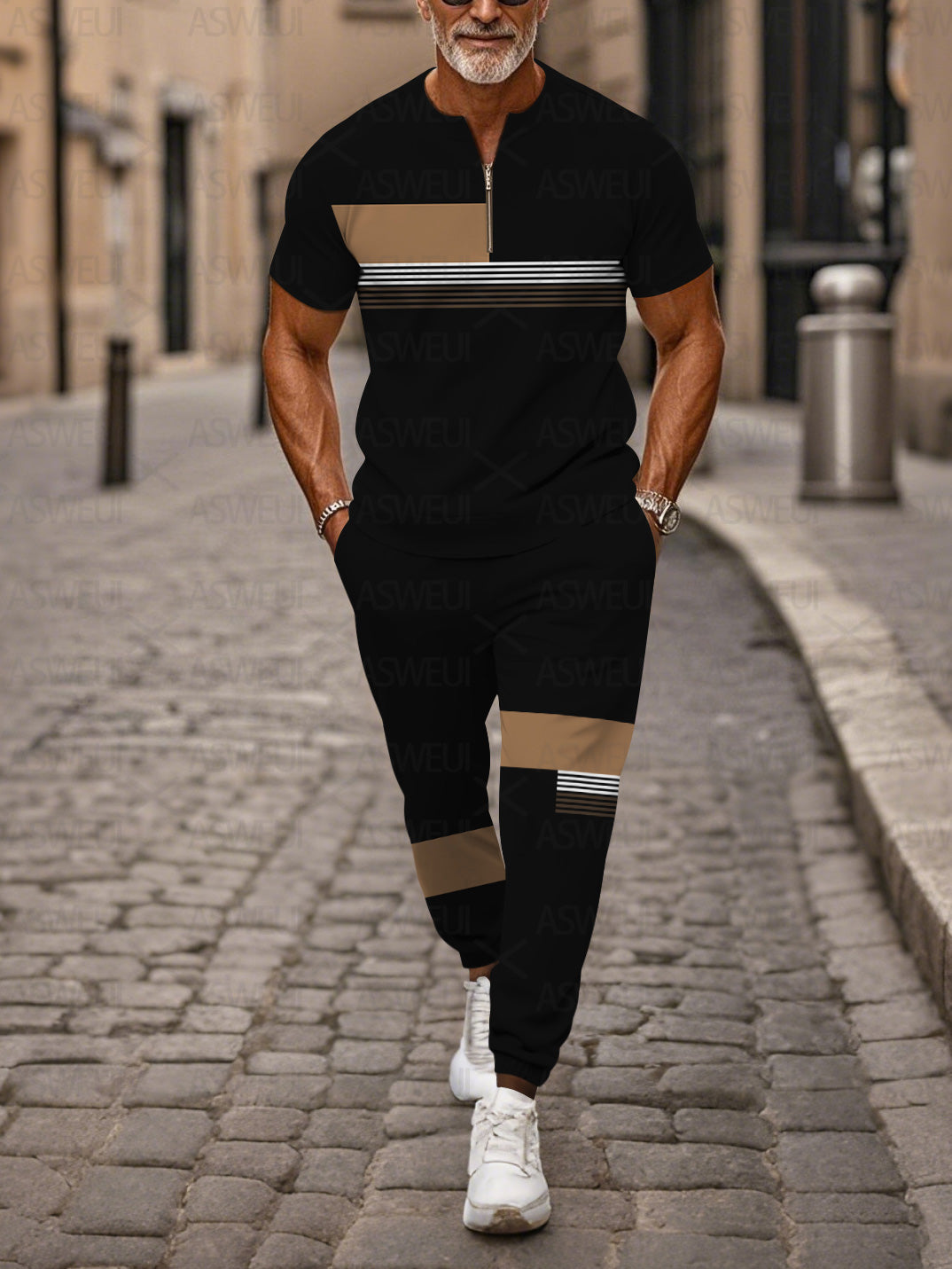 Zipper Short Sleeve Long Pants Two-Piece Set - DUVAL