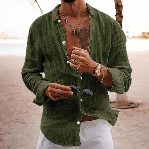 Casual Solid Color Lapel Cotton Linen Long-Sleeved Shirt