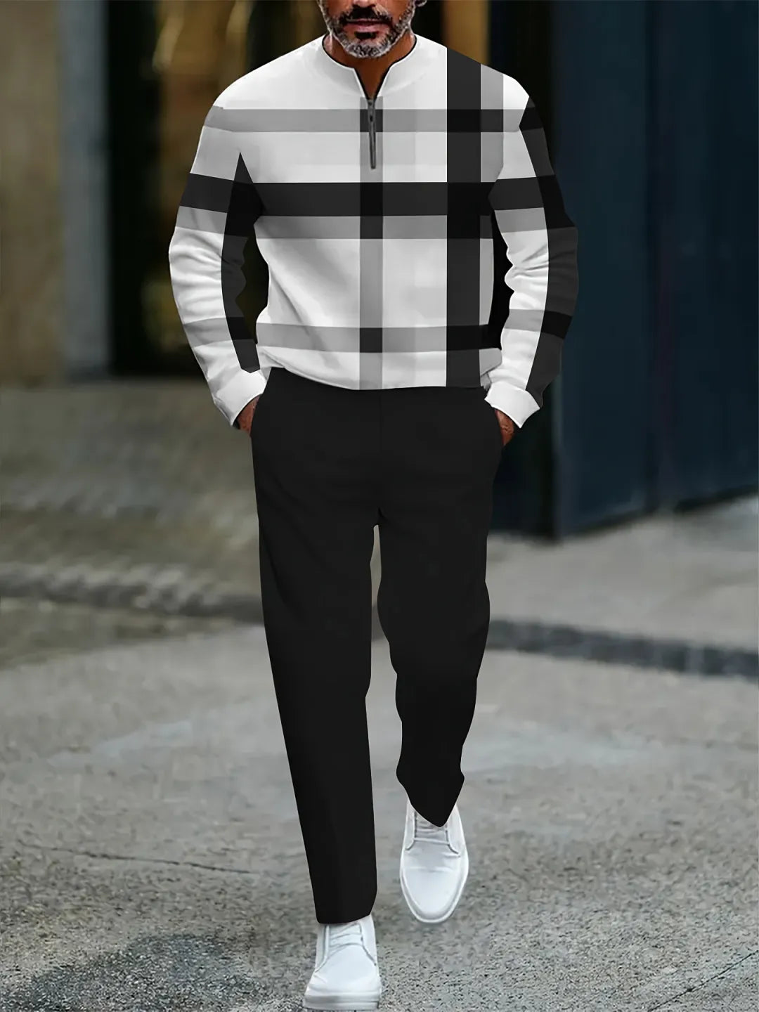 Neck Zipper Long Sleeved Trousers Two-Piece Set