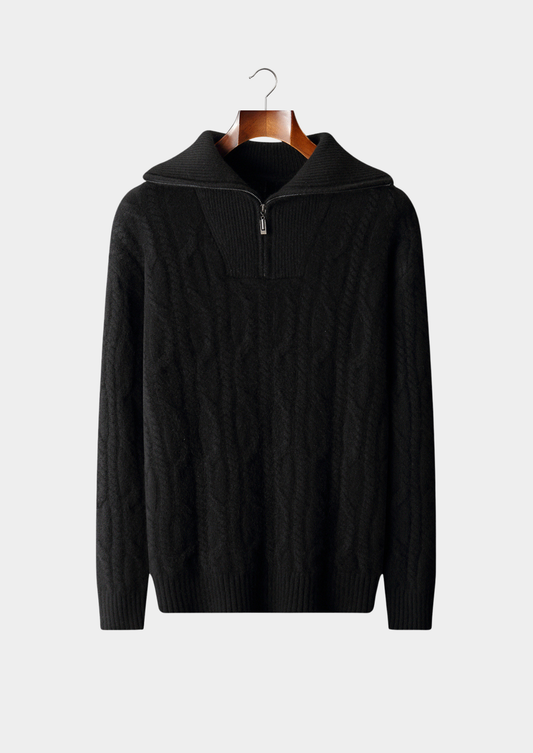Pure Cashmere Black Cable Half Zip Sweater