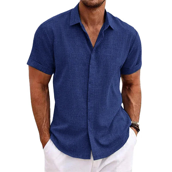 Solid Color Lapel Cotton Linen Short Sleeve Shirt