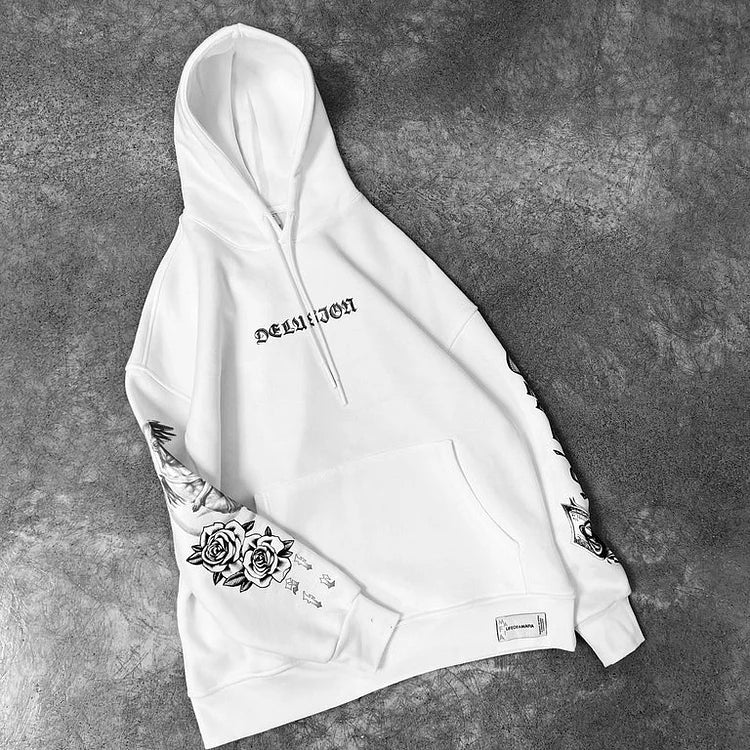 Delusion Printed Hooded Oversized Sweatshirt - DUVAL