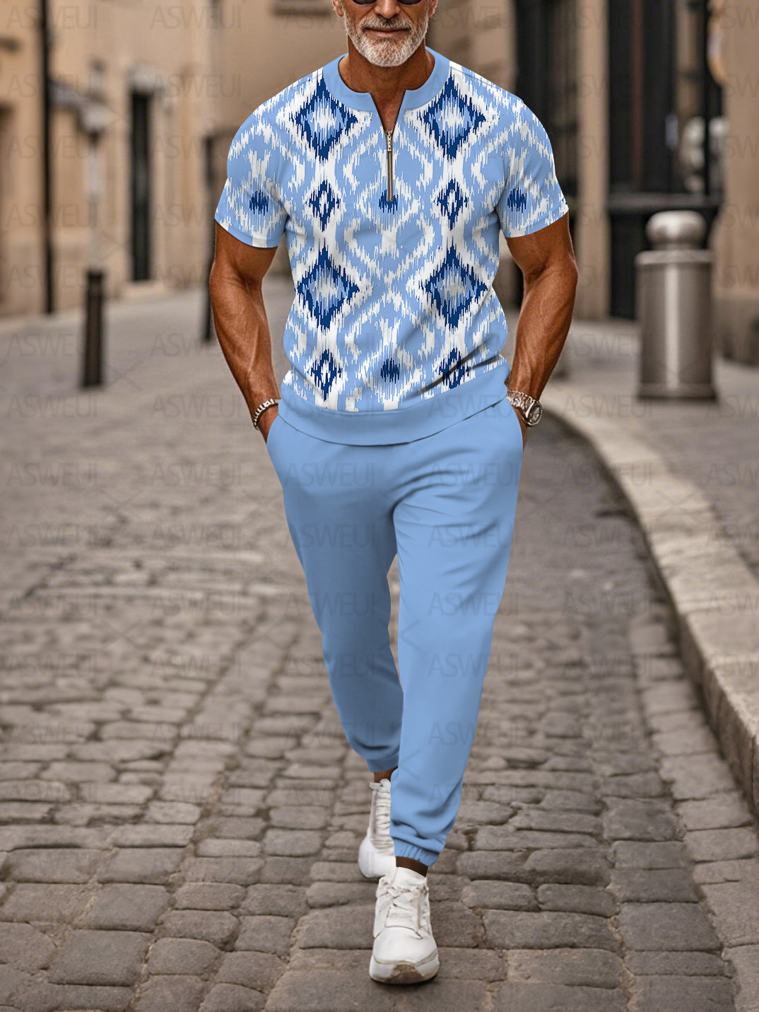 Zipper Short Sleeve Long Pants Two-Piece Set - DUVAL