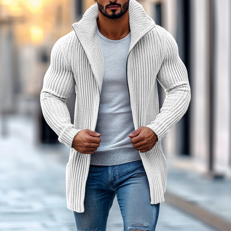 men's-fashion-stand-collar-solid-striped-long-sleeve-mid-length-knit-cardigan