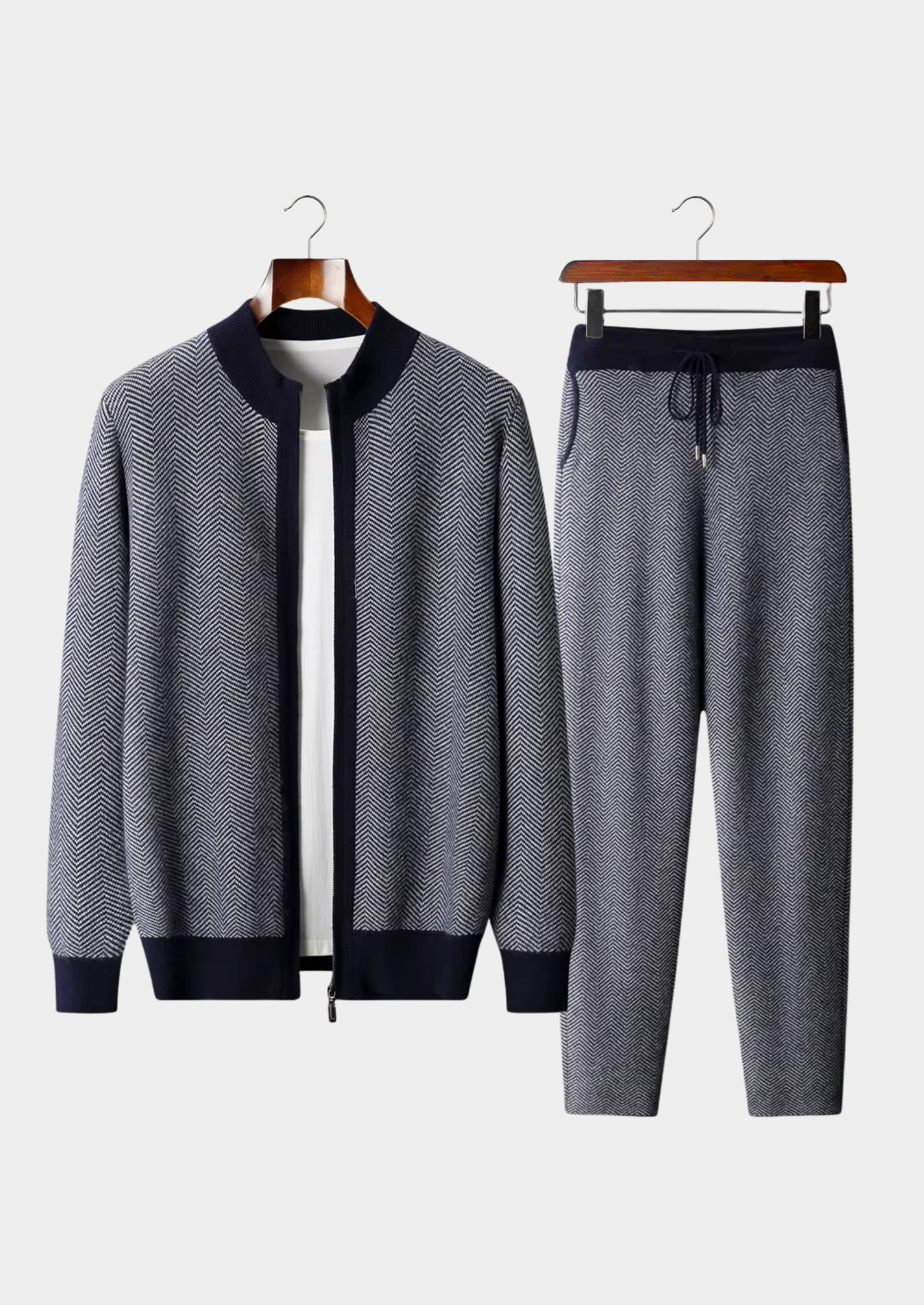 Pure Extra-Fine Merino Wool Navy Blue Herringbone Set