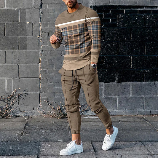 Stylish Khaki Stitching Plaid Long Sleeve T-Shirt And Pants Co-Ord