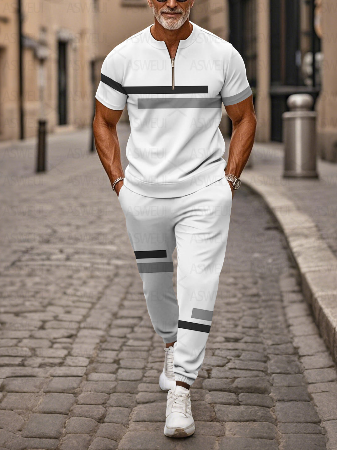 Zipper Short Sleeve Long Pants Two-Piece Set - DUVAL