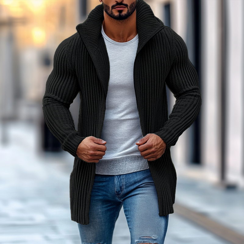 men's-fashion-stand-collar-solid-striped-long-sleeve-mid-length-knit-cardigan