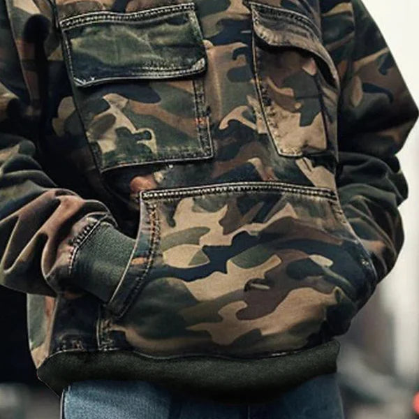 Vintage Camouflage Printed Flap Pocket Long-Sleeved Hoodie