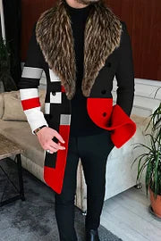 Ombre Fur Collar Geometric Color Block Splicing Mid Length Coat - DUVAL