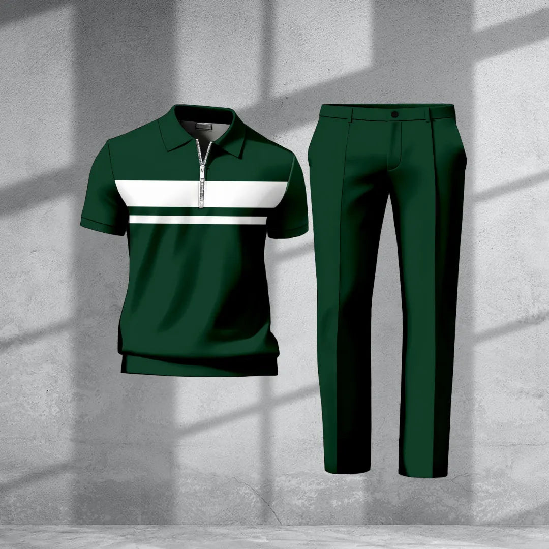 Polo-Collar Short Sleeved Trousers Two-Piece Set - DUVAL