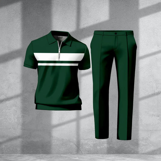 Polo-Collar Short Sleeved Trousers Two-Piece Set - DUVAL