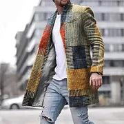 Stand Collar Contrasting Stripe Stitching Print Coat - DUVAL