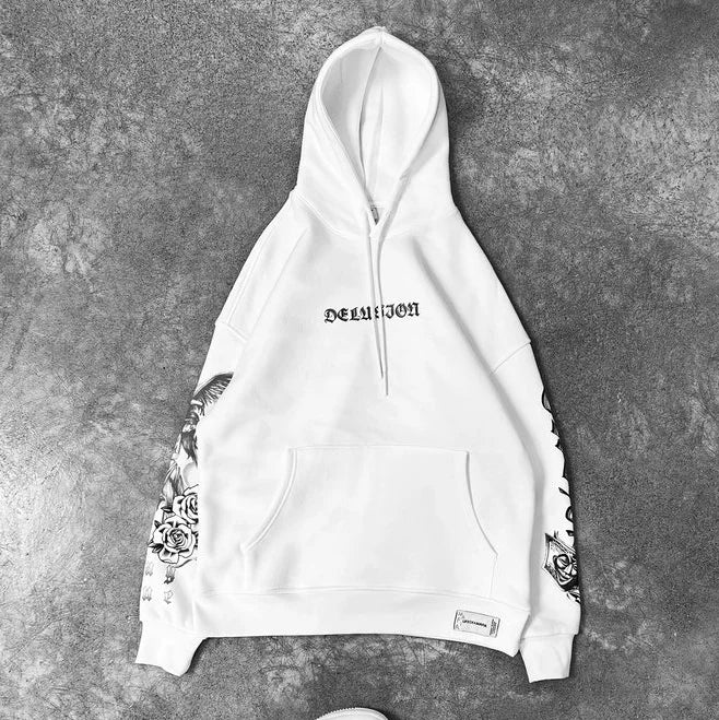 Delusion Printed Hooded Oversized Sweatshirt - DUVAL