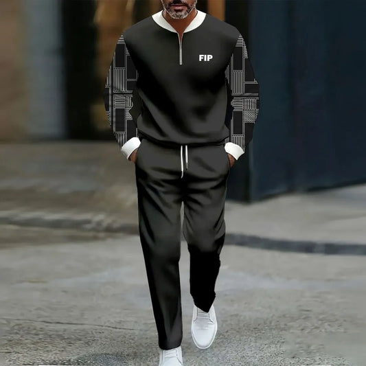 Neck Zipper Long Sleeved Trousers Two-Piece Set