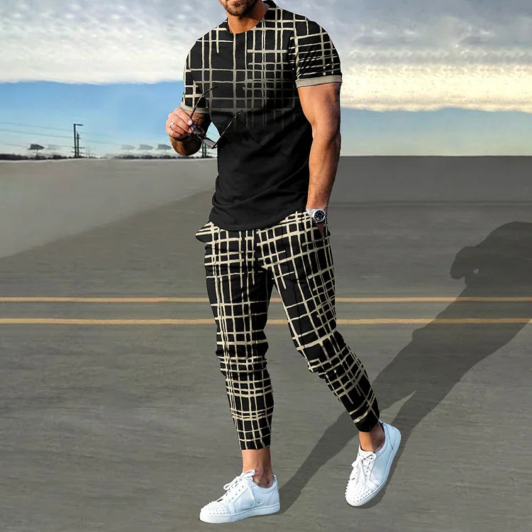 Black Khaki Plaid Gradient Black Print T-Shirt And Pants Co-Ord