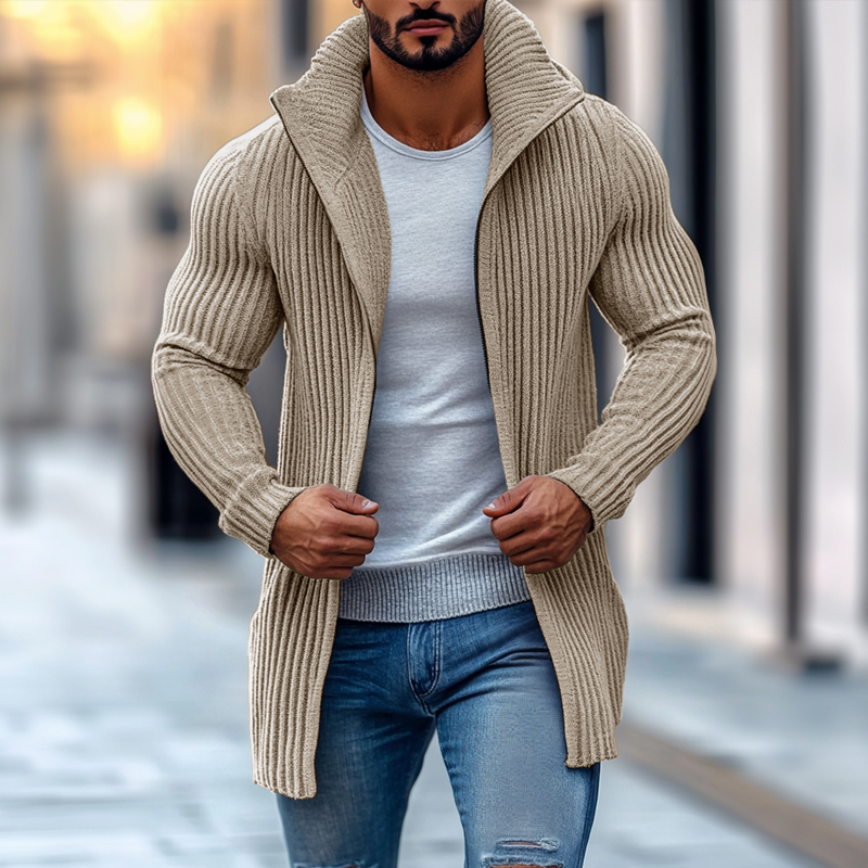 men's-fashion-stand-collar-solid-striped-long-sleeve-mid-length-knit-cardigan