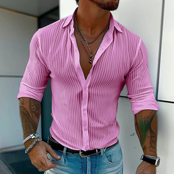 Solid Color Striped Lapel Long Sleeve Shirt