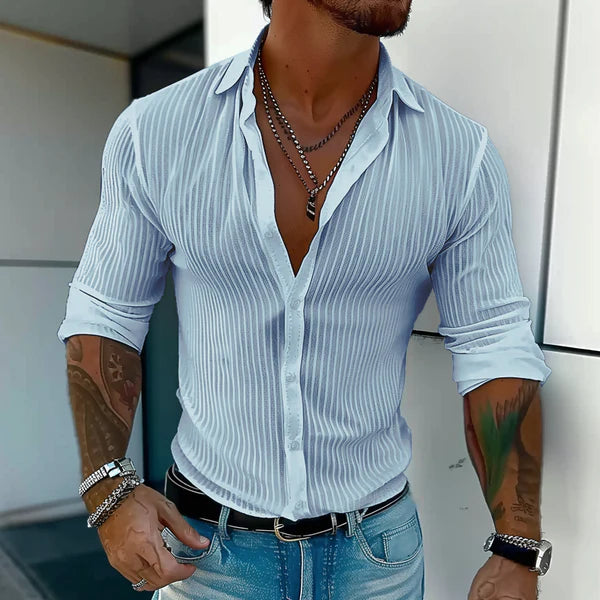 Solid Color Striped Lapel Long Sleeve Shirt