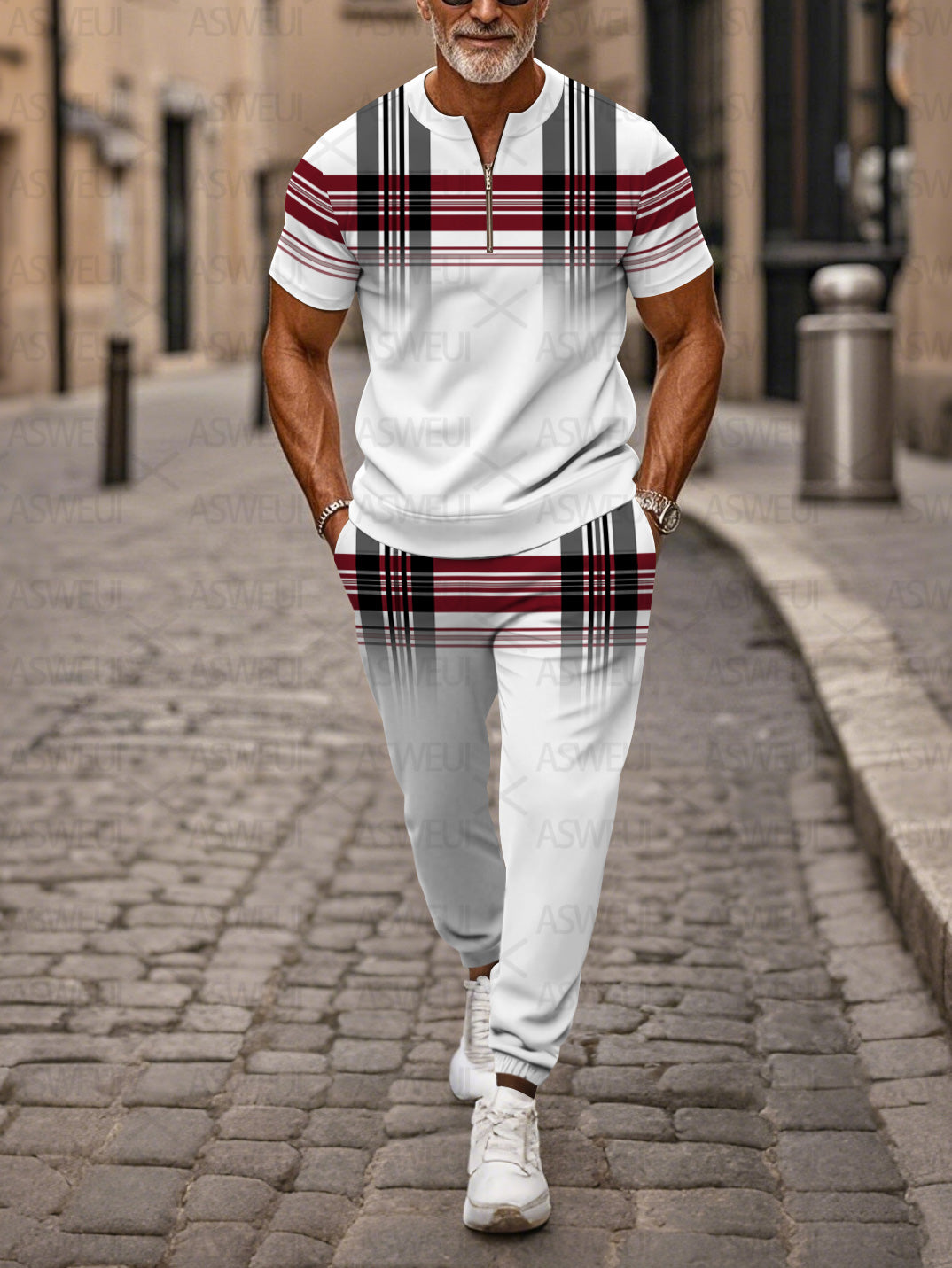 Zipper Short Sleeve Long Pants Two-Piece Set - DUVAL