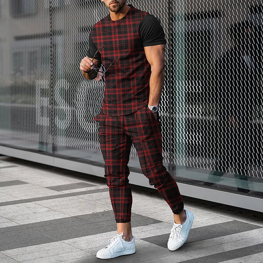 Fashion Men's Plaid Casual Short Sleeve T-Shirt And Pants Co-Ord